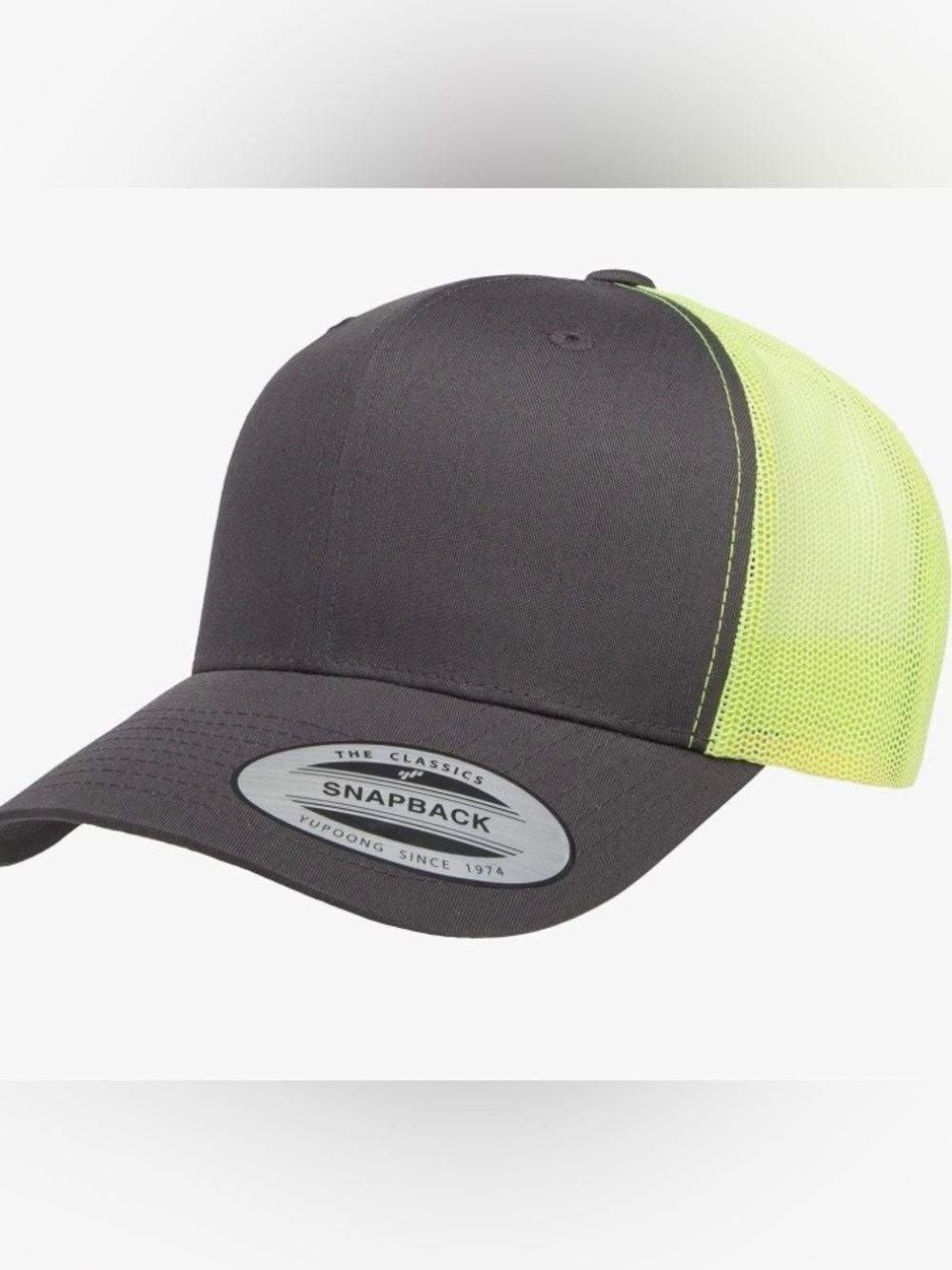 YP Classics Yupoong Retro Trucker Hat Charcoal Neon Green Snapback Blank